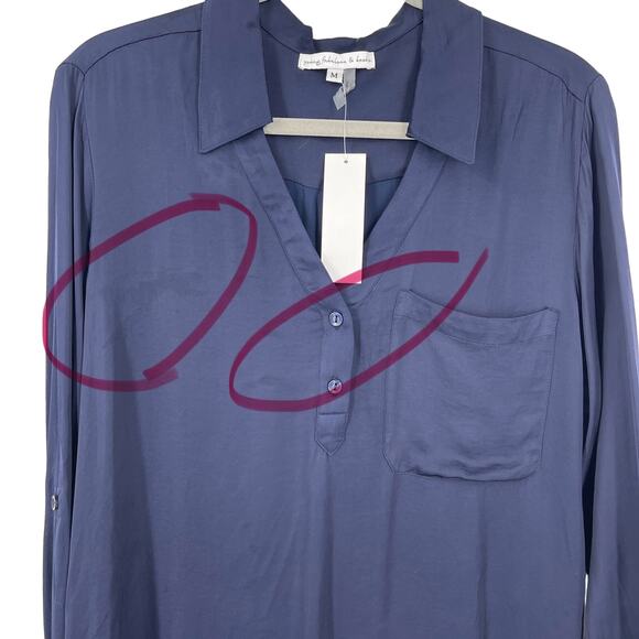 Young Fabulous & Broke Satin Blouse Navy Blue Size Medium - Picture 5 of 6